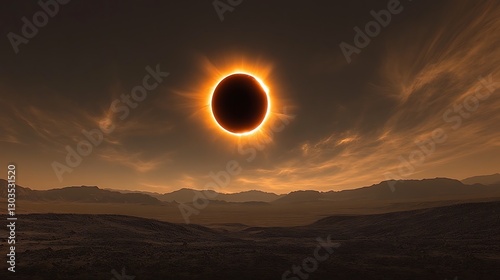 Solar eclipse nearing totality over a stark desert landscape the corona glowing brilliantly in a photorealistic view