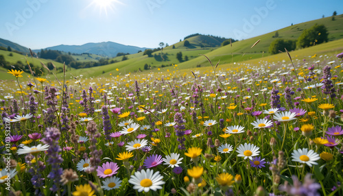 Vibrant Wildflower Meadow Under Sunny Sky