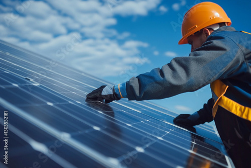 Wallpaper Mural Professional technician installing solar panels under a bright blue sky with copy space  Torontodigital.ca