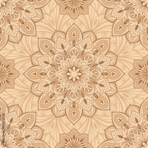 Seamless beige mandala pattern. Elegant vector ornament. Stylized template for pillowcases, carpets, and textiles.