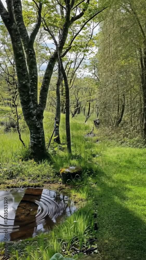 Serene forest path with lush greenery and a still pond surrounded by trees in a peaceful nature setting Serene forest path with lush greenery and a still pond surrounded by trees in a peaceful nature setting