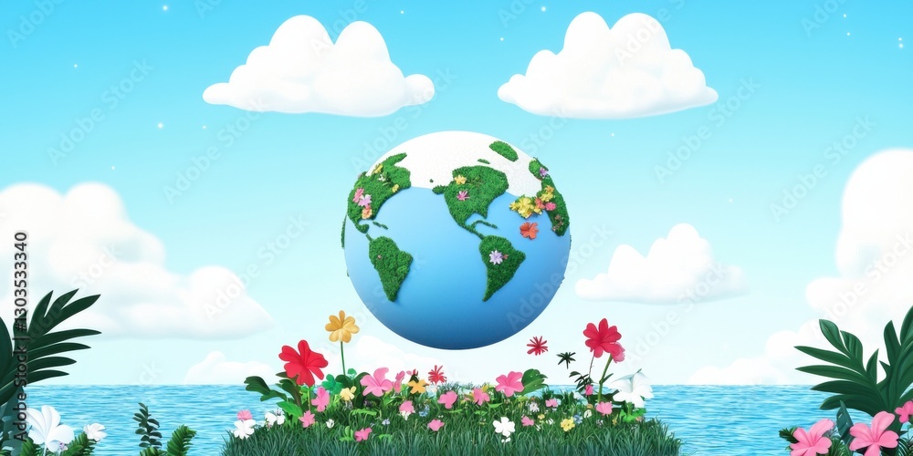 Naklejka premium Earth Day 3D Render of a Flower Adorned Earth Above a Tranquil Ocean