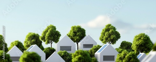 Modern Eco Village White Houses with Solar Panels and Lush Green Trees