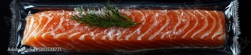 Fresh Salmon Fillet Wrapped in Vacuum Packaging with Dill Garnish. Generative AI photo