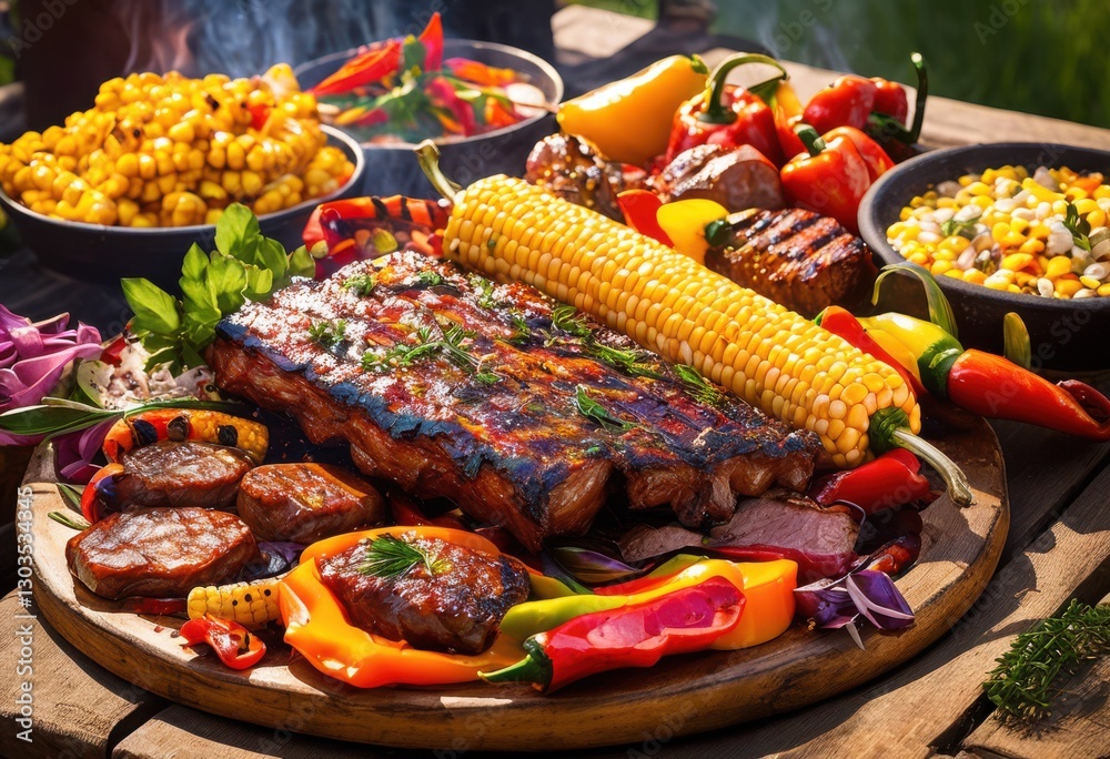 elegant close image sizzling barbecue platter juicy colorful charred grills presenting feasty culinary delight, grilling, meat, steak, chicken, ribs, seafood elegant close image sizzling barbecue platter juicy colorful charred grills presenting feasty culinary delight, grilling, meat, steak, chicken, ribs, seafood