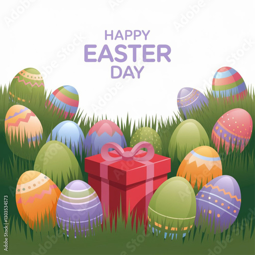 Happy Easter day background with Easter eggs and red gift box vector illustration on a white background