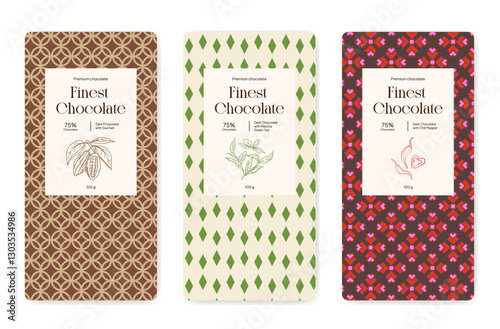 Chocolate Labels Set. Abstract Vector Packaging Design Layouts Collection. Modern Typography, Sea Salt, Matcha Green Tea, Chili Pepper tastes