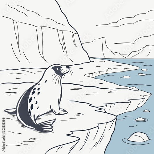 A serene Harp Seal resting on the icy shores, captured in a peaceful moment, illustrated in a soft and detailed vector style.
