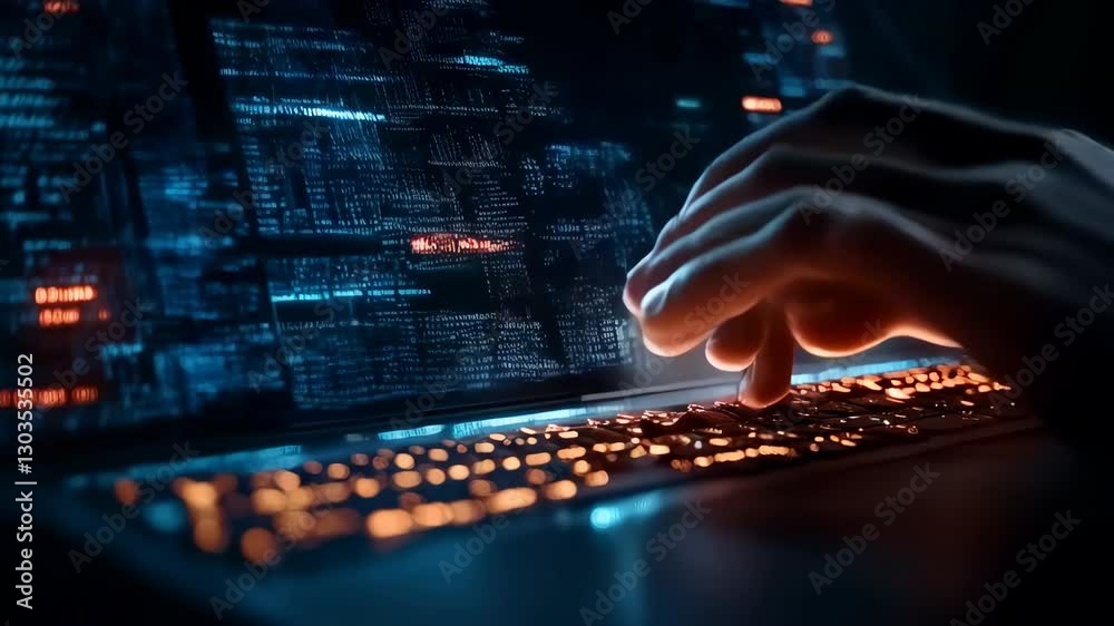 A hacker at work on a computer with a digital background of code and web elements
