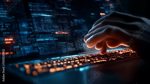 A hacker at work on a computer with a digital background of code and web elements