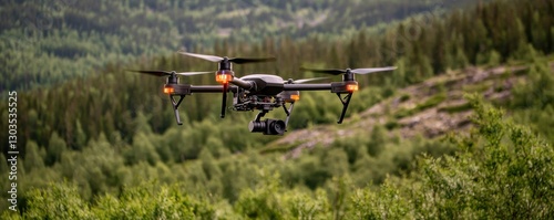 Black Drone Soaring Over Lush Green Hilly Forest