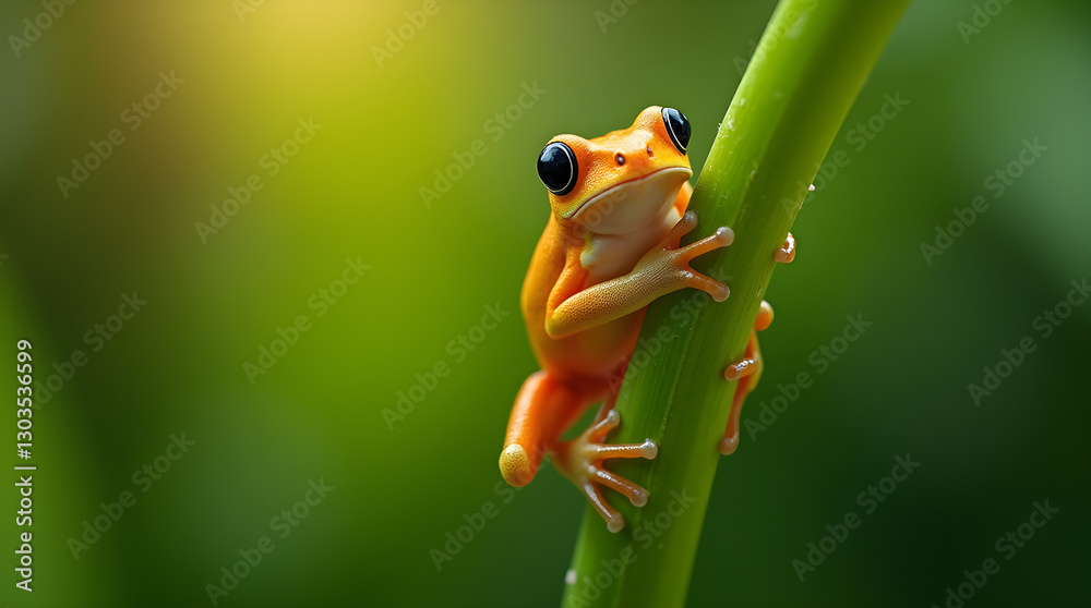 Obraz premium Vibrant Orange Tree Frog Climbing Green Stem - Macro Close-Up Wildlife Nature Photo