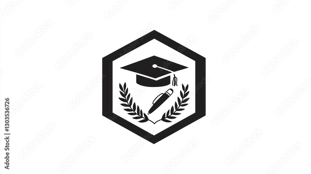 Graduation cap, pen, laurel wreath, academic logo