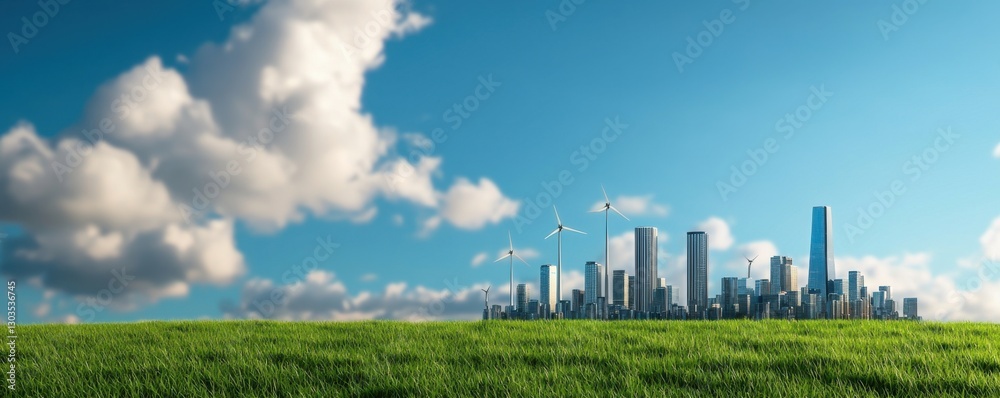 Eco Friendly Cityscape Green Field and Wind Turbines Against Blue Sky Eco Friendly Cityscape Green Field and Wind Turbines Against Blue Sky