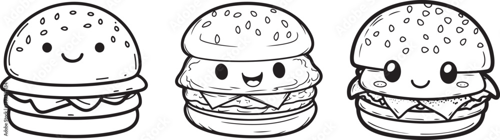 Collection Of Cute Kawaii Cartoon Hamburgers line art coloring page drawing silhouette Collection Of Cute Kawaii Cartoon Hamburgers line art coloring page drawing silhouette