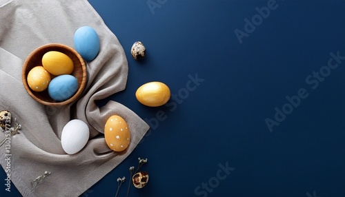 Easter decoration banner with painted eggs and napkin on dark blue background. Top view, flat lay with copy space