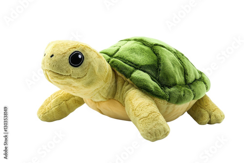 A soft, cuddly turtle plush toy resting on a bright white surface in a cozy playroom isolated on transparent background