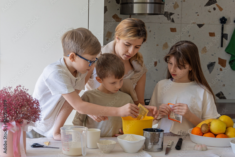 Mother and children baking together in the kitchen, family cooking activity with kids at home. Mother and children baking together in the kitchen, family cooking activity with kids at home.