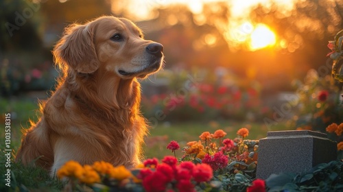 Golden retriever sitting next to a soldier's grave at sunset symbolizing loyalty and remembrance. Generative AI photo