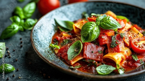 Pasta with Tomato Sauce, Fresh Basil, & Peppers, on Plate, Dark Background photo