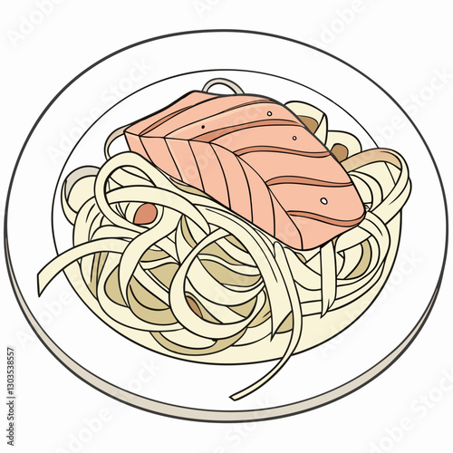 Vector tagliatelle pasta with salmon on a white plate, on a white background