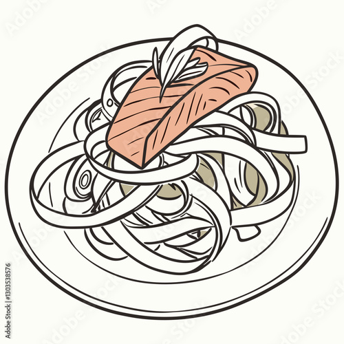 Vector tagliatelle pasta with salmon on a white plate, on a white background