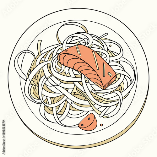 Vector tagliatelle pasta with salmon on a white plate, on a white background