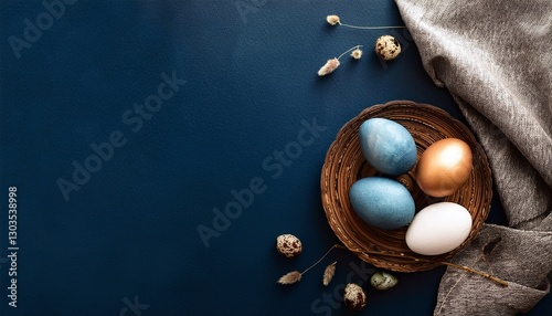 Easter decoration banner with painted eggs and napkin on dark blue background. Top view, flat lay with copy space