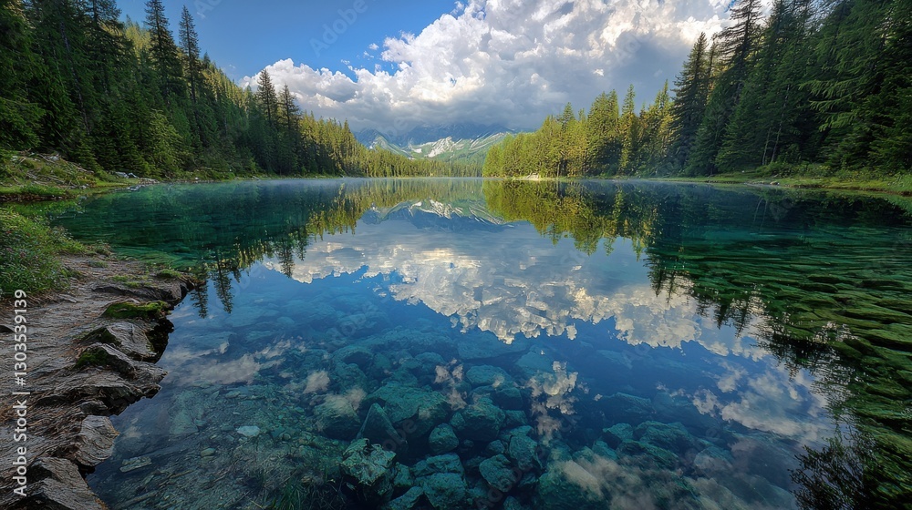 Fototapeta premium Tranquil Mountain Lake Reflection with Crystal Clear Water