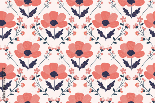 Seamless pattern with fancy flowers. Spring, summer season. Poppy, wildflowers are laid out in the form of a diamond, red, dark purple. For textiles, fashion, wallpaper, wrapping paper, notebooks.