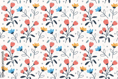 Vintage pattern with fancy flowers. Spring, summer season. Simple design. Wildflowers, red, yellow, blue.  For textiles, fashion, wallpaper, wrapping paper, notebooks.