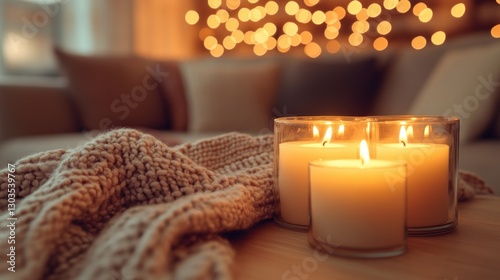 Cozy candles on a table, warm living room photo