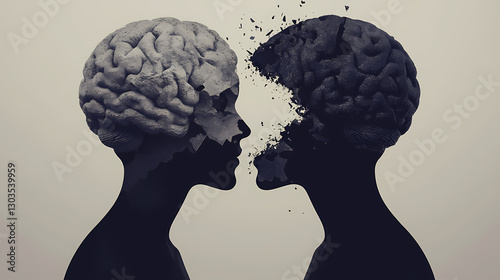 Artistic representation of two textured brains in silhouette form, with one splitting into geometric fragments, symbolizing disconnection and mental fragility. Fragility - Snow. Illustration
