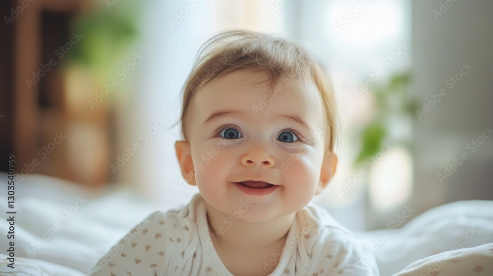 Close-up Portrait of an Adorable Baby with a Sweet Smile on the Bed Close-up Portrait of an Adorable Baby with a Sweet Smile on the Bed