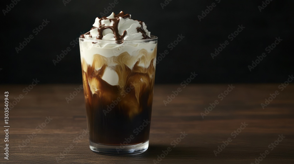 Delicious iced coffee with whipped cream and chocolate syrup on top Delicious iced coffee with whipped cream and chocolate syrup on top