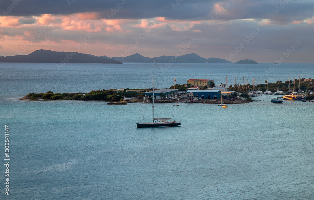 Exposure done at sunrise of Road Town, capital city of Tortola, Baughers Bay and the surroundings and its magnificent water color, while arriving at the Island by Cruise Ship, British Virgin Islands Exposure done at sunrise of Road Town, capital city of Tortola, Baughers Bay and the surroundings and its magnificent water color, while arriving at the Island by Cruise Ship, British Virgin Islands