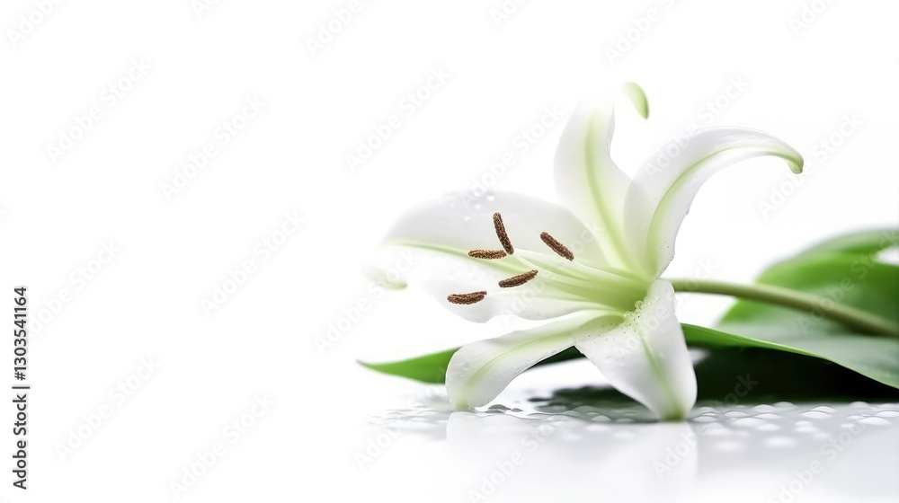White lily flower with green leaves and dewdrops on a reflective surface White lily flower with green leaves and dewdrops on a reflective surface