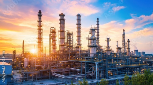 Industrial Plant at Sunset with Towers and Bright Sky Background