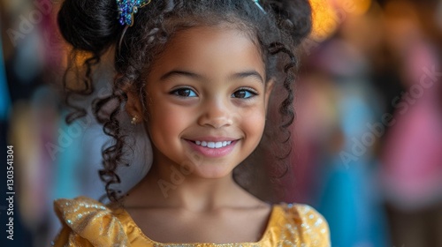 A young girl with curly hair smiling in a yellow princess costume at a dress-up event. Generative AI