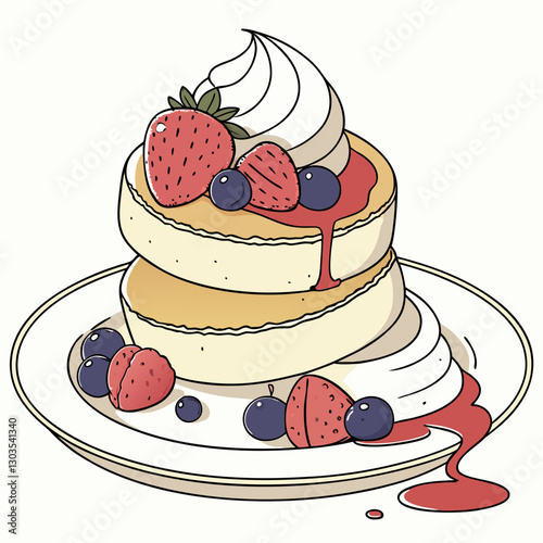 Vector Traditional Fluffy Japanese Souffle Pancake with berries and cream, white background