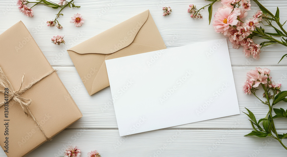 White blank paper on a white wooden table, with a mockup featuring pink peonies and wild flowers. This could be a wedding invitation or card template, with copy space for text. White blank paper on a white wooden table, with a mockup featuring pink peonies and wild flowers. This could be a wedding invitation or card template, with copy space for text.