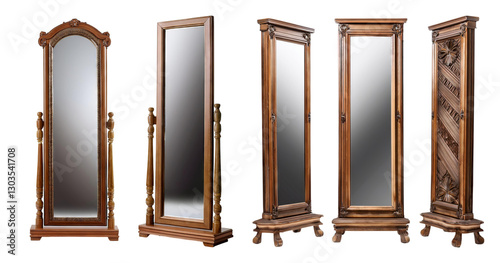 Elegant Display of Four Vintage Style Full-Length Mirrors, PNG bundle collection, Isolated on Transparent Background