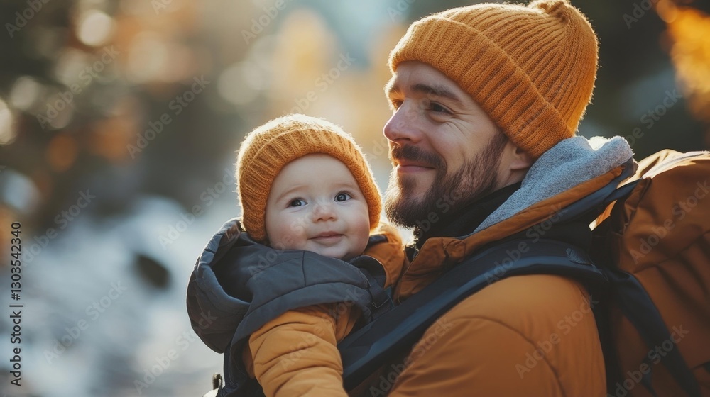 Obraz premium Father carrying his baby in a carrier while enjoying a scenic walk through a park during the morning. Generative AI