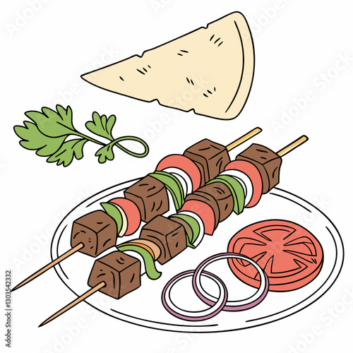 Vector Traditional Turkish kebab served on skewers with grilled green pepper, sliced tomato, onions, parsley, and flatbread on a white plate