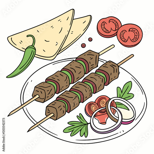 Vector Traditional Turkish kebab served on skewers with grilled green pepper, sliced tomato, onions, parsley, and flatbread on a white plate
