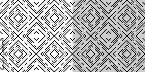 Monochrome seamless pattern of interrupted lines. Black diagonal squares. Ornament of different thickness lines. Neutral geometric background for wallpapers, textile, etc.