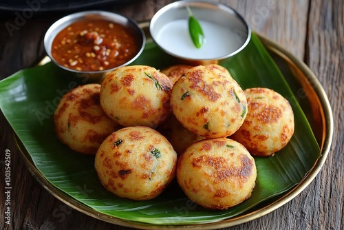 Golden Crispy Kuzhi Paniyaram with Coconut and Tomato Chutney on Banana Leaf in Brass Plate photo