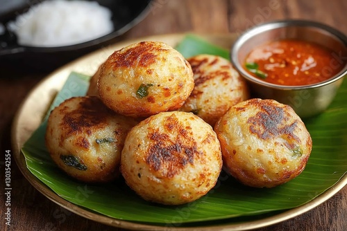 Golden Crispy Kuzhi Paniyaram with Coconut and Tomato Chutney on Banana Leaf in Brass Plate photo