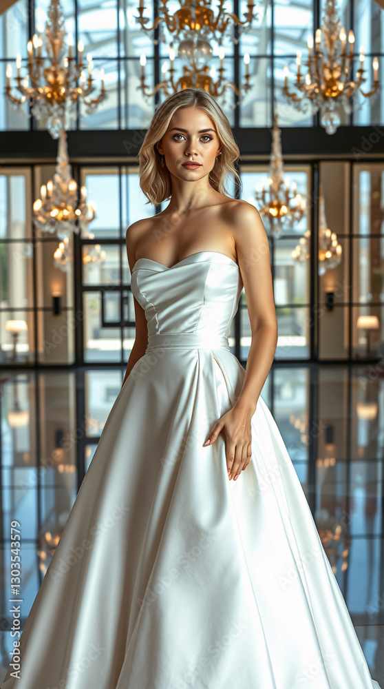 Naklejka premium A high-fashion cinematic portrait: a stunning blonde Bride woman with delicate features and fair skin, wearing a white satin ball gown with a strapless bodice and voluminous skirt.
