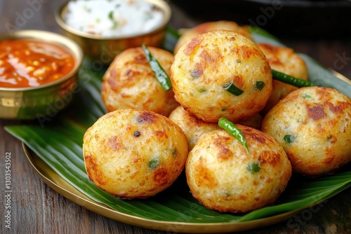 Golden Crispy Kuzhi Paniyaram with Coconut and Tomato Chutney on Banana Leaf in Brass Plate photo